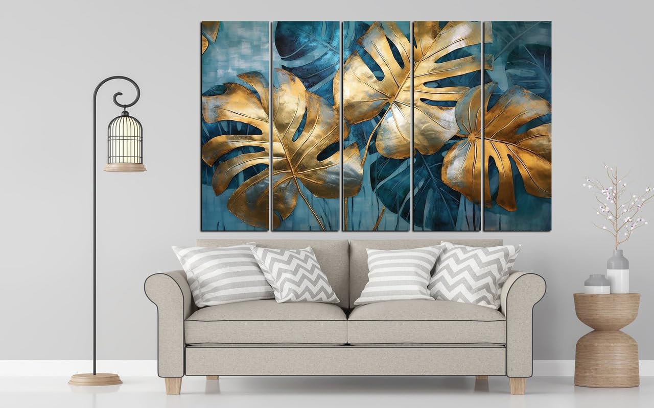 KYARA ARTS Golden Blue Leafs art Wall painting with frame Big Size
